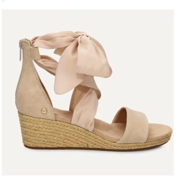 UGG Australia Trina Suede Espadrille Sandals Womens 6 Wedge Ribbon Tie Nude - Picture 2 of 13